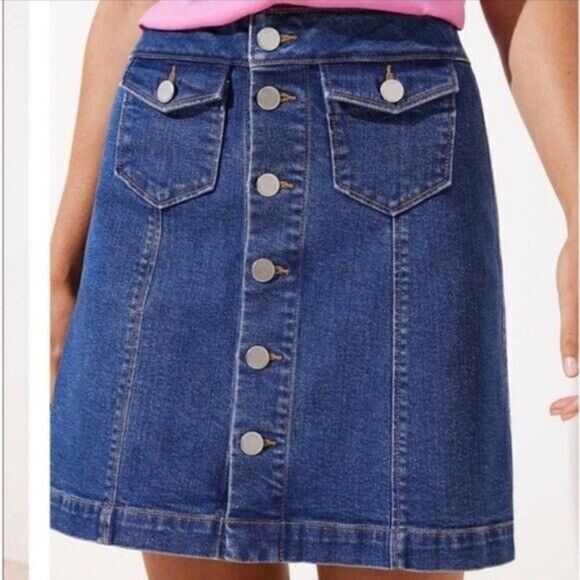 Loft Jean Mini Skirt Size 0 Womens Blue Denim Button Front High Rise Medium Wash - Picture 2 of 14